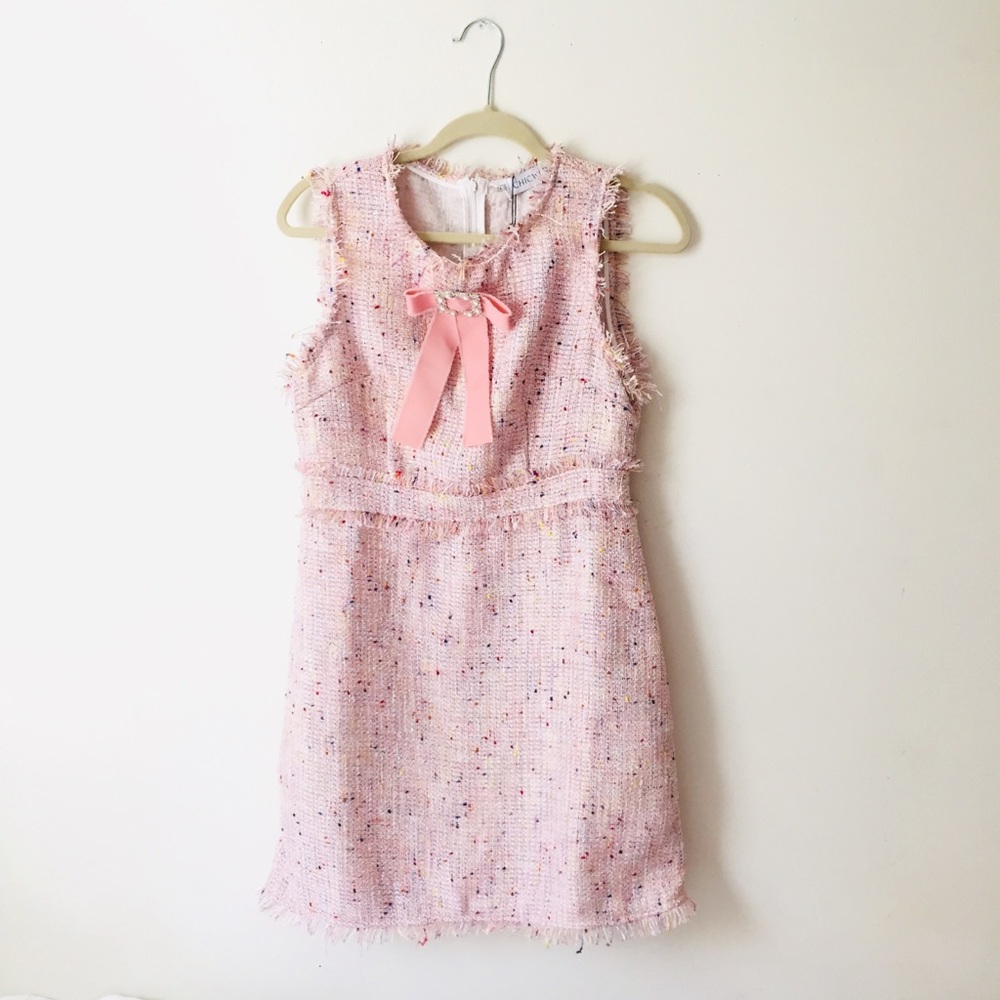 Pink Tweed Shift Dress w Light Pink Bow |Chicwish